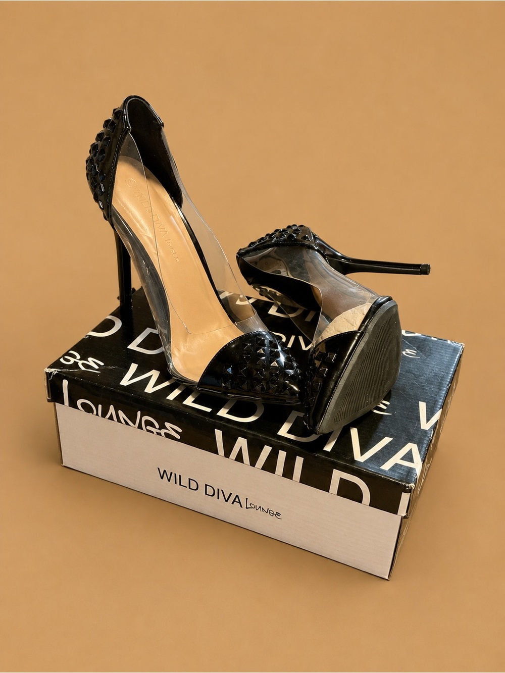 Wild Diva Black Studded Clear D'Orsay Stilettos